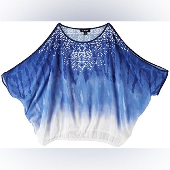 BCX Blue and White Ombré Beaded Cold Shoulder Top/Blouse - Picture 2 of 11